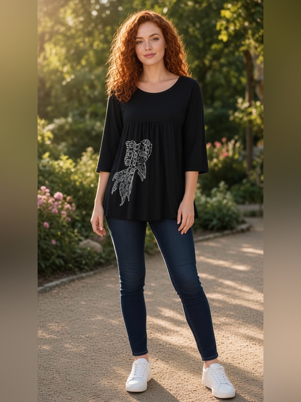 Vintage Fossil Black Long-Sleeve Top with White Floral Fish *Rare*